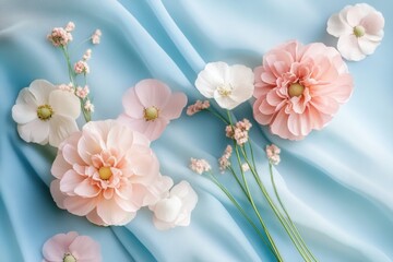 Delicate Pink and White Flowers on Blue Fabric Background