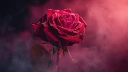 A vibrant red rose adorned with droplets, surrounded by soft smoke and a dramatic backdrop.