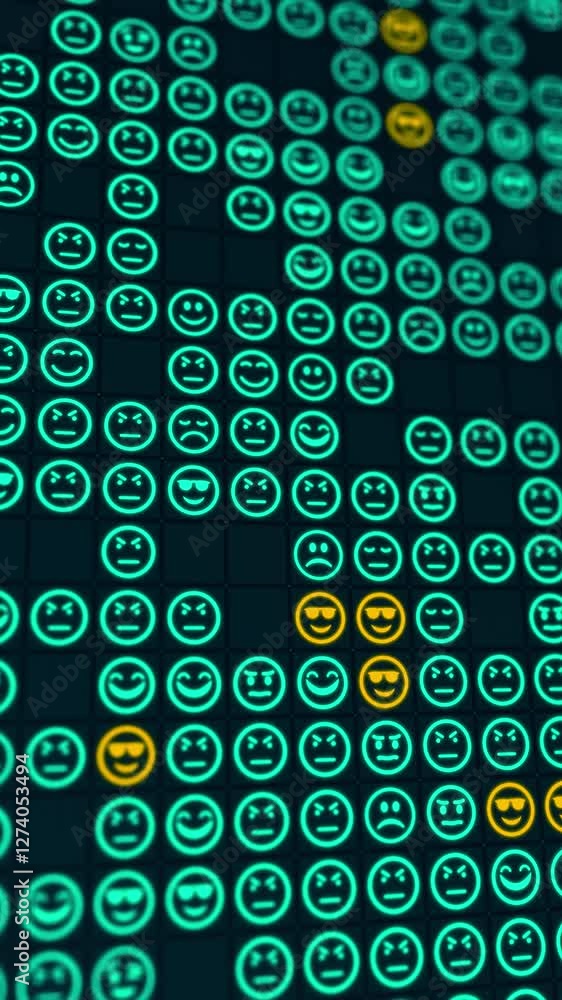 Poster blue glowing emoji icons matrix on a grid abstract background, vertical composition. bokeh effect. f