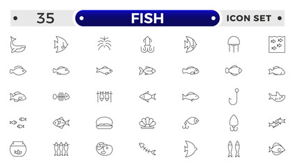 Fish outline icon. Sea creatures line icon set.  Maritime concept. Shell, turtle, fish, whale. Vector illustration can be used for topics like sea, ocean.