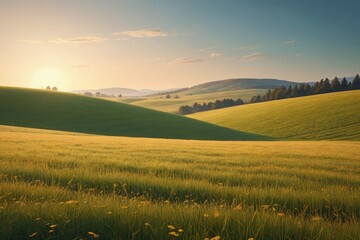 Obraz premium grassy field with yellow flowers and trees in the distance