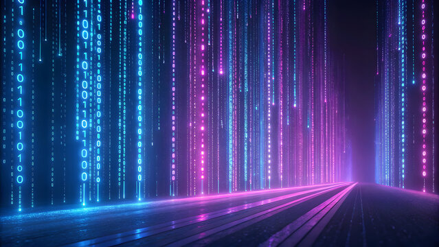 Neon binary code rain falls on a digital road.