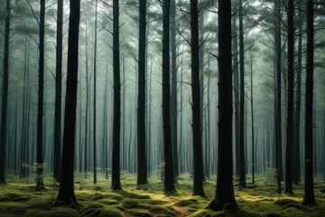 Obraz premium trees in a forest with moss covered ground and a path