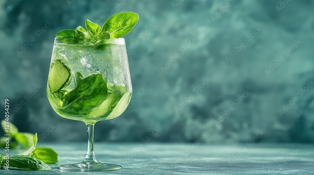 Poster refreshing gin and tonic cocktail featuring crisp cucumber slices, fragrant basil, chilling ice cube