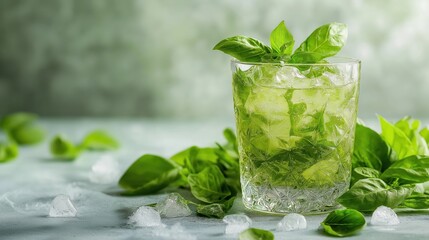 Verdant basil cocktail in crystal glass, garnished with ice and leafy herbs, resting on wooden surface, capturing refreshing summer drink essence