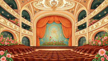 Elaborate art nouveau theater interior with floral designs, vintage elegance