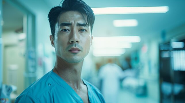 This image features an Asian male healthcare worker inside a hospital setting, wearing scrubs.