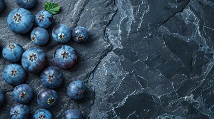 A close-up of fresh blueberries on a dark stone surface, showcasing their texture and color.