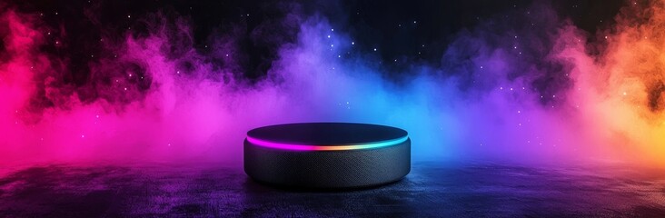 The dramatic lighting and reflective background accentuate the sleek, dark design of this futuristic podium