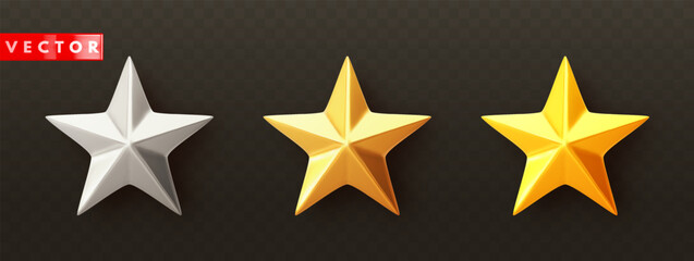Set of glossy golden 3d stars with shadow in realistic style. Feedback and leadership symbol icon. Gold, silver and yellow metallic trophy star isolated on black background. Vector illustration