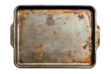 A weathered baking tray showing signs of countless culinary adventures and delicious meals isolated...