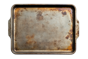 A weathered baking tray showing signs of countless culinary adventures and delicious meals isolated on transparent background