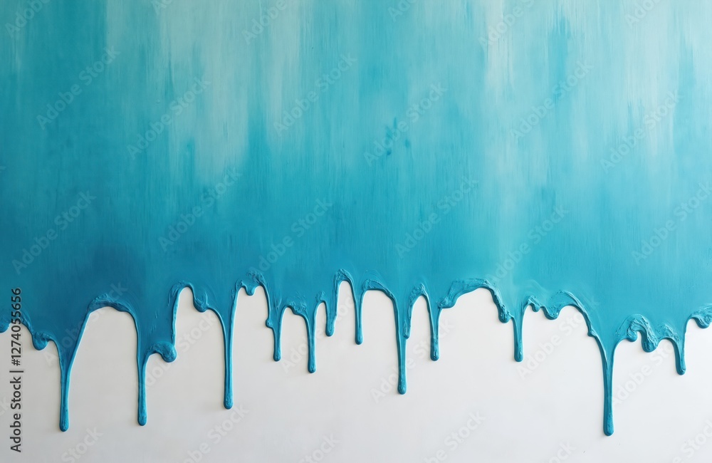 Poster horizontal photo of turquoise blue paint dripping down white wall creating creative background, abst