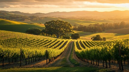Fototapeta premium Vineyard landscape at sunset, golden hour, rolling hills, tranquil scene, perfect for nature backgrounds, travel destinations