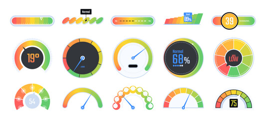 Speedometer, gauge meter icons set. Vector scale graphics, level of performance. Speed dial indicator. Low and high barometers, dashboard with arrows. Infographic of risk and score progress