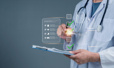 Healthcare innovation with doctor managing digital checklist, smart medical data, AI-driven analysis, virtual patient management, and advanced telemedicine technology.