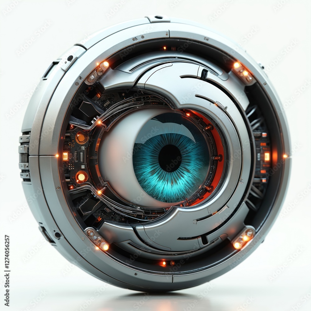 Poster illustration of robotic eye with metallic details, glowing circuitry. represents intersection of tec