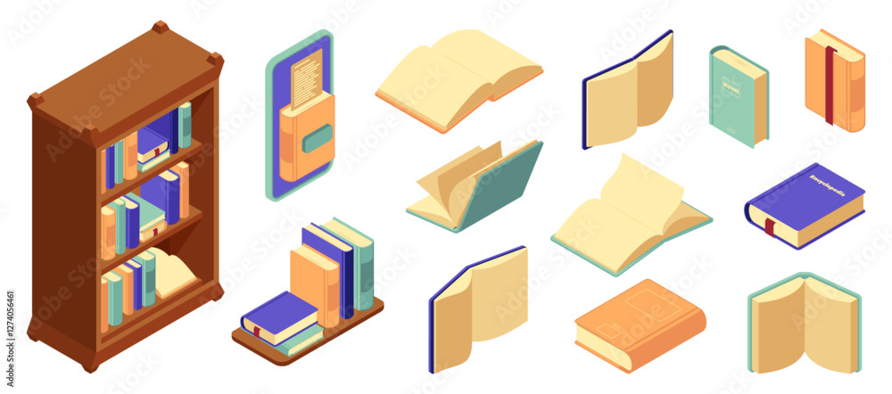 Aufkleber Stack of books on shelves, isolated open and close textbooks with bookmarks. Vector stack or pile of reading publications. Studying and learning. Library literature or bookcase content, workplace