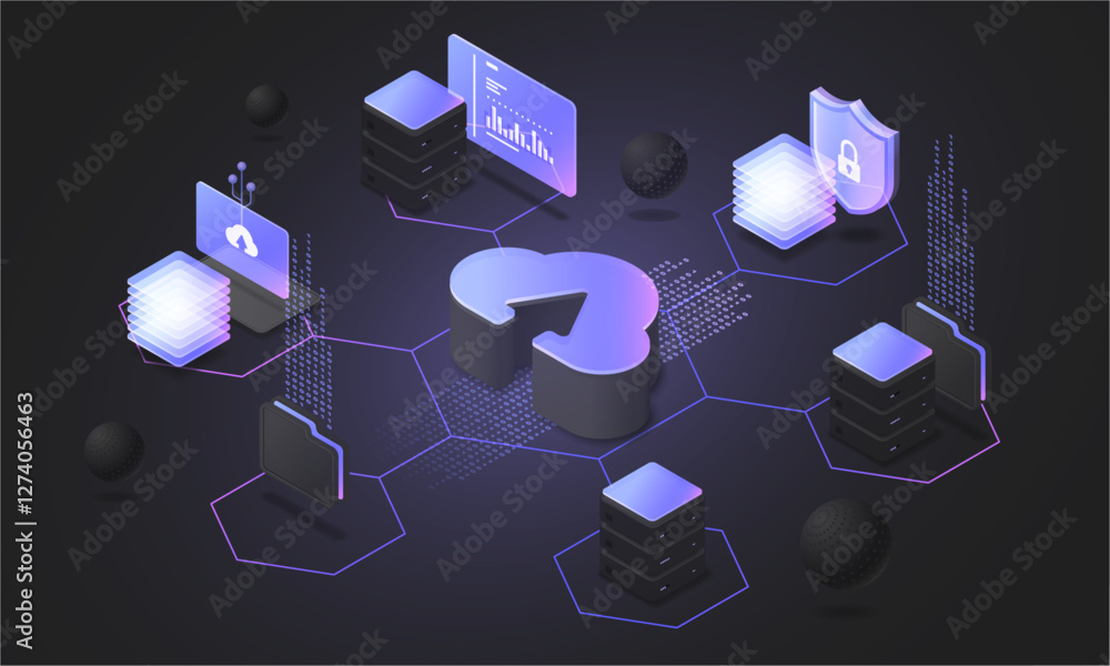 Poster Data storage server. Vector cloud system for scheduling backup and storage of files. Transfer of user information to server. Digital space. Modern technologies for business and analysis of metrics