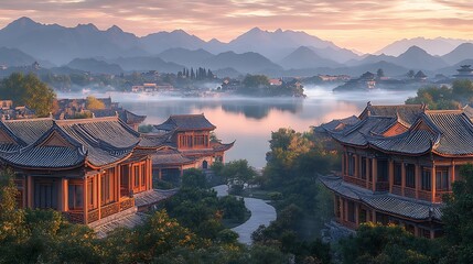 Fototapeta premium Sunrise, misty lake, Chinese village, mountains, travel postcard