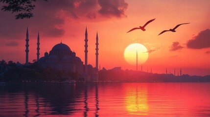 Fototapeta premium the Bosphorus Strait at sunset, with the water reflecting the stunning orange and pink hues of the sky