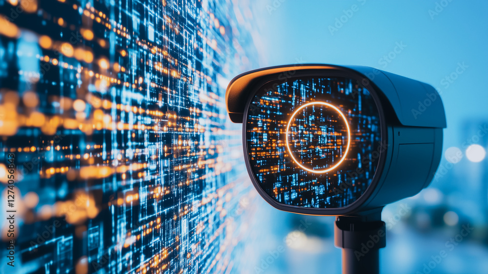 Aufkleber cyber surveillance: a close-up of a security camera overlooking a digital world, lit with circuit bo