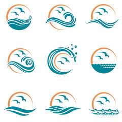 abstract collection of sea waves with seagulls and sun isolated on white background