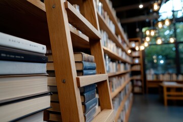 Obraz premium A beautifully organized library showcasing wooden shelves filled with books, illuminated by ambient lighting that highlights the ladder, inviting readers to explore literature.