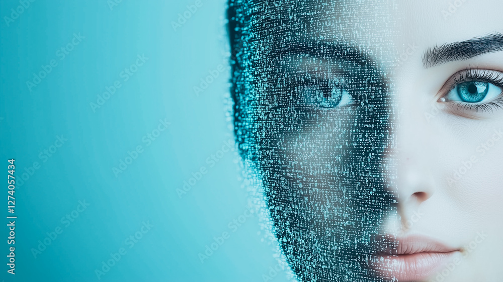 Poster ai-human fusion: a striking visual juxtaposition, merging the human face with intricate artificial i
