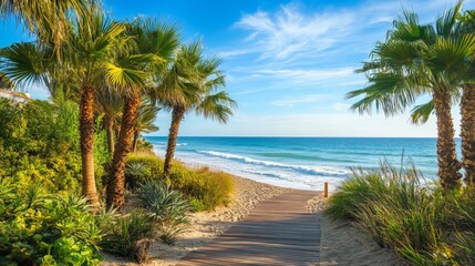 Palm trees lining a luxurious beachfront, with a boardwalk leading toward the ocean, soft waves shimmering under the midday sun.