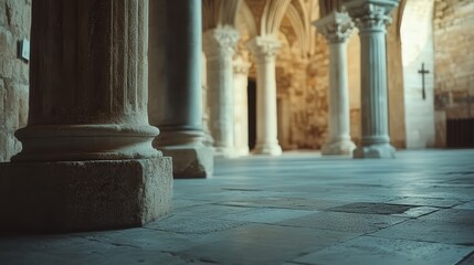 the columns in Klis Church, capturing the quiet elegance of the interior, with soft lighting highlighting the intricate stonework