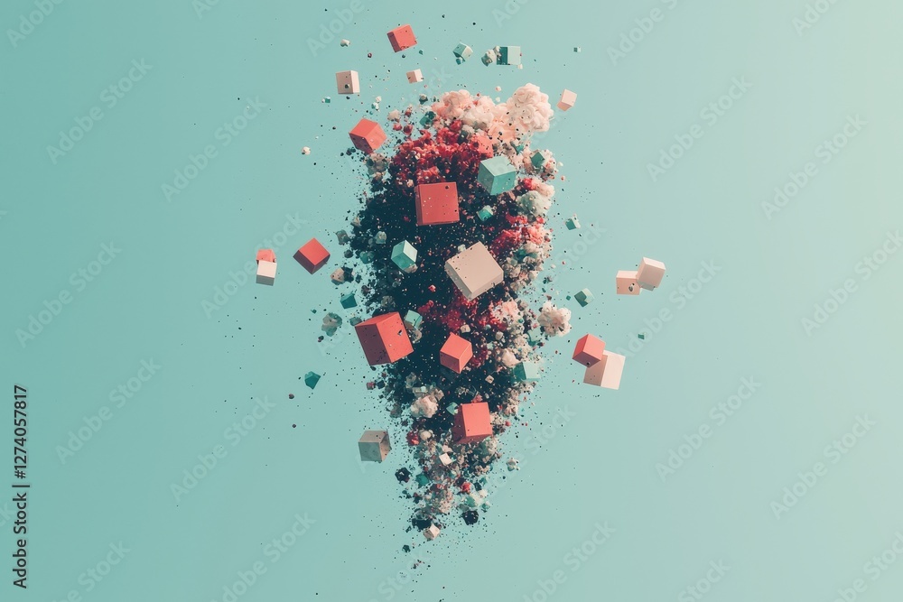 Poster a 3d render design featuring eight minimalist floating cubes in a dark teal and light pink color sch