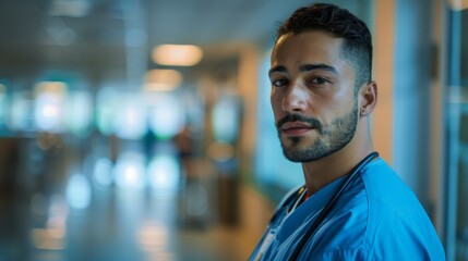 Obraz premium Man standing in hospital corridor