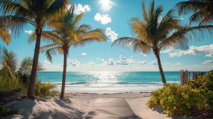 Palm trees lining a luxurious beachfront, with a boardwalk leading toward the ocean, soft waves shimmering under the midday sun.