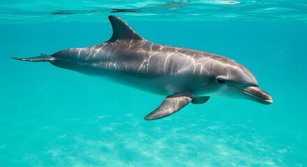 Naklejka premium Dolphin Swimming Underwater in Clear Turquoise Water Marine Animal