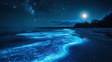 the moon low on the horizon, casting its light over the ocean. The bioluminescent plankton create a natural, glowing effect in the sea