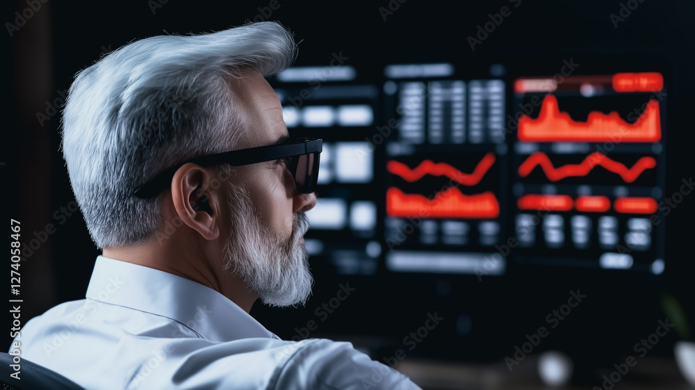 Poster analysis and reflection: a focused financial analyst scrutinizes data, his gaze fixed on a vibrant s