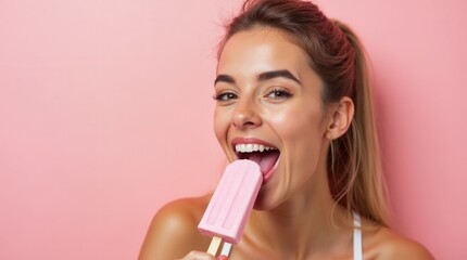 Happy Young Woman Enjoying Pink Ice Pop Against Pink Background