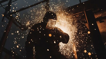 Welder creates bright sparks while working on a steel structure in an industrial setting
