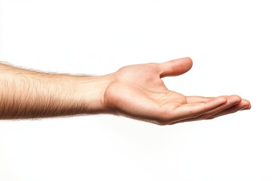 Male hand offering, open palm, studio, white background, product placement
