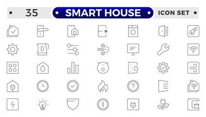 Line icons about smart house. Sustainable development. Contains such icons as renewable energy, autonomous building, air and water quality.