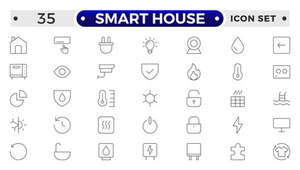 Line icons about smart house. Sustainable development. Contains such icons as renewable energy, autonomous building, air and water quality.