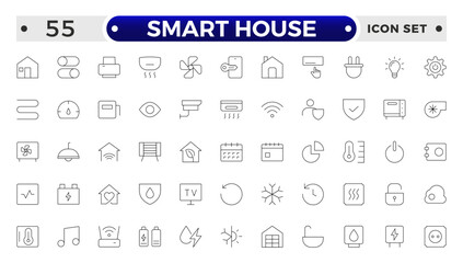 Line icons about smart house. Sustainable development. Contains such icons as renewable energy, autonomous building, air and water quality.