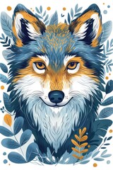 A stylized illustration of a wolf's face surrounded by colorful foliage.