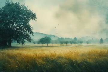 Obraz premium watercolors applied to paper, capturing the essence of a serene countryside scene.