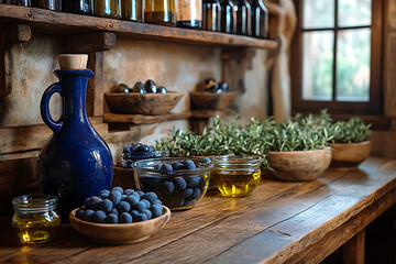 Fresh olives and olive oil displayed with a traditional oil press, showcasing the authentic extraction process. A rustic and organic setting emphasizing natural production, Mediterranean culture, and 