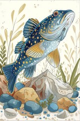 Naklejka premium A colorful illustration of a fish swimming above rocks and aquatic plants.