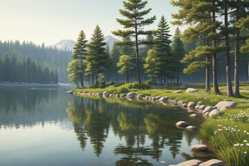 painting of a lake with rocks and grass and trees in the background