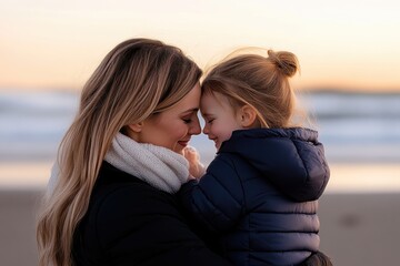 A touching scene of a mother and daughter sharing a joyful embrace at the beach during sunset, capturing their love and bond amidst the natural beauty of the ocean.