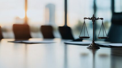 Justice on the Table: A delicate scale of justice rests on a polished wooden table, set against the blurred backdrop of a modern office. This image evokes themes of fairness, law.